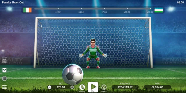 goleiro de Penalty Shoot-Out, sequência de multiplicadores x1,92 a x30,72 e bola pronta para o chute