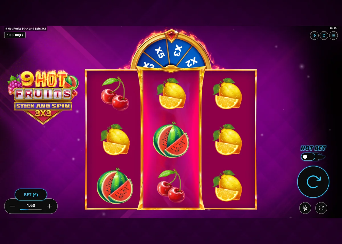 três rolos de 9 Hot Fruits Stick and Spin 3x3 com frutas e roda de multiplicadores x2, x3 e x5