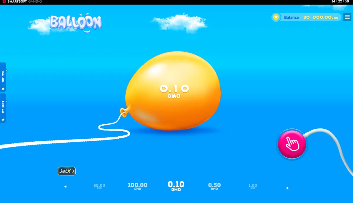 Captura do modo demo de Balloon: balão inflando com aposta de 0,10 e seletor de valores abaixo