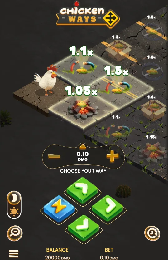 Captura do modo demo de Chicken Ways: tabuleiro isométrico com galinha, caminhos x1,05, x1,1 e x1,5 e setas de direção