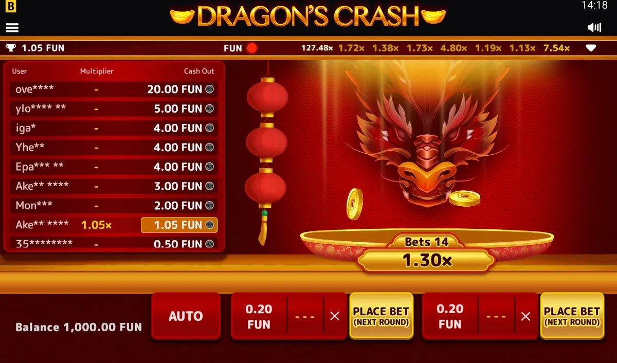 Captura do modo demo de Dragon's Crash: mesa do dragão com multiplicador x1,30, catorze apostas ativas e histórico de rodadas no topo