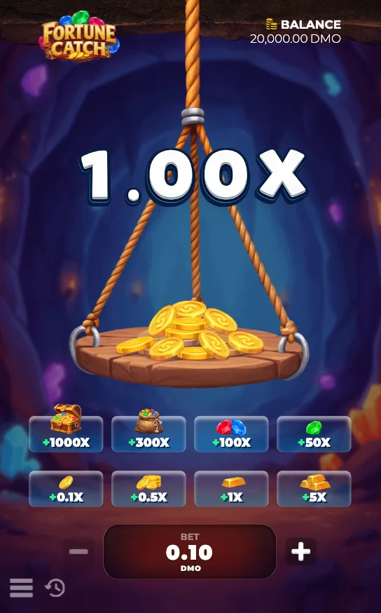 Captura do modo demo de Fortune Catch: plataforma com moedas, multiplicador 1,00X e prêmios de +0,1X a +1000X abaixo