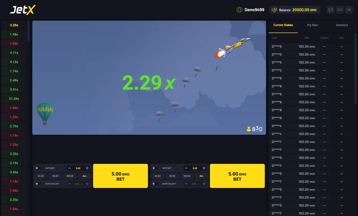 Captura do modo demo de JetX: avião do JetX subindo com multiplicador 2,29x, histórico à esquerda e duas apostas na parte inferior